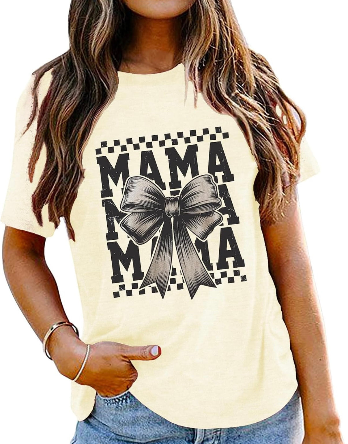 Mama Shirts for Women Pink Bow Graphic Mom Tshirt Loose Short Sleeve Mother Life Tops Tee (Size Medium) low