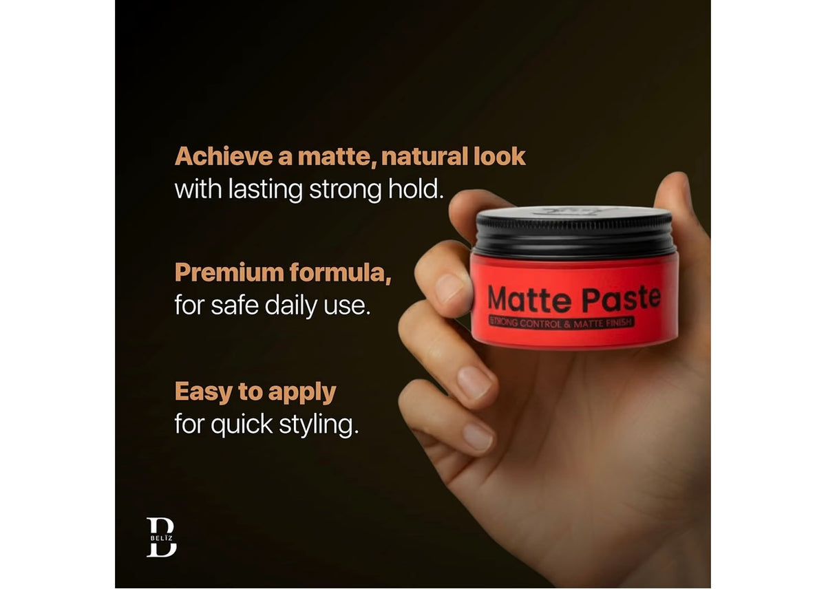 Belïz Hair Paste - Matte Finish, Strong Hold, No Shine, Texturizing & Sculpting, Non Greasy, Water Based, Residue Free, Styling Paste for Men Short to Medium Hair, Thickening & Volumizing - 3.38 Oz