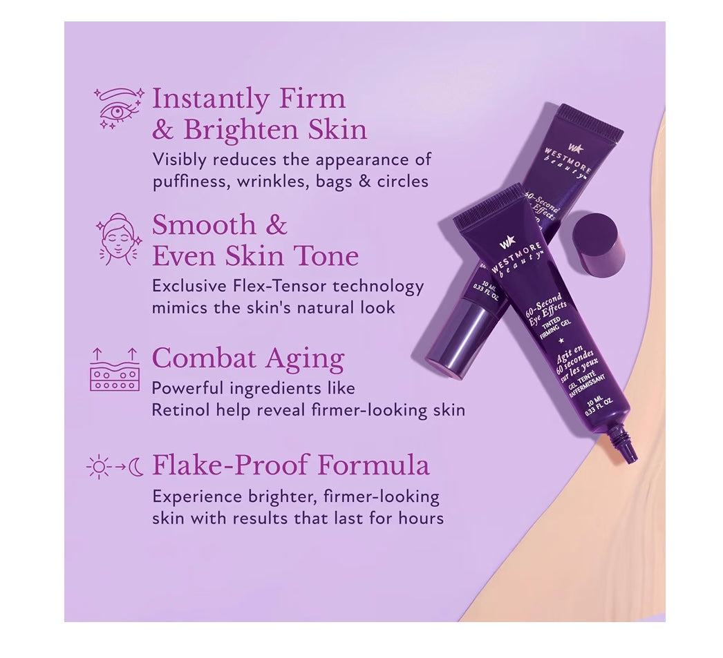Westmore Beauty 60 Second Effects Tinted Firming Gel - Under Eye Cream For Puffiness And Bags Under Eyes - 10 mL Light to Medium - 0.33 Fl Oz