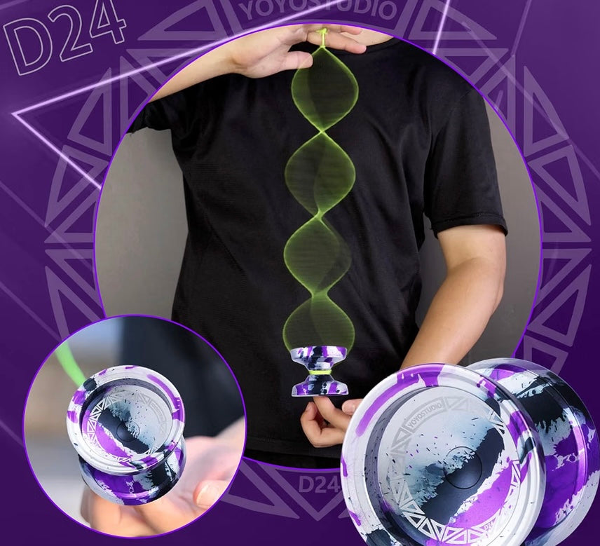 YOYOSTUDIO D24 Professional Metal Trick Yoyo for Adults & Kids Responsive/Unresponsive Yoyo for Finger Spin, Pro Yo Yo Kit with Bearing Kit, 10 Strings, Case & Glove (Silver Black Purple)