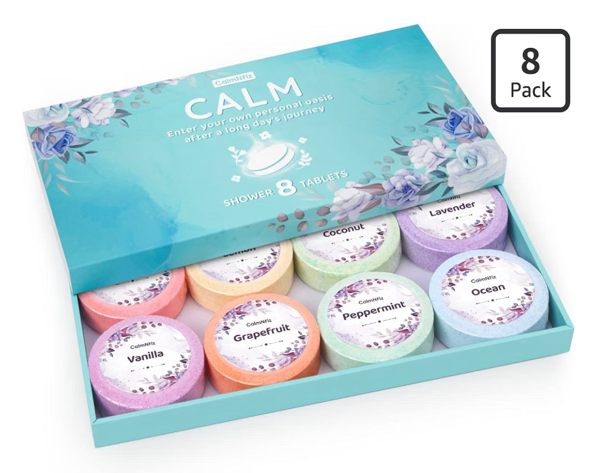 CalmNFiz Shower Steamers Aromatherapy Self Care Gifts 8 Pack Set, Green Birthday Gifts for Women, Mom, Wife, Friend, Teacher, Shower Bombs Essential Oil Tablets 8 Fragrances, Self-Care Relaxation