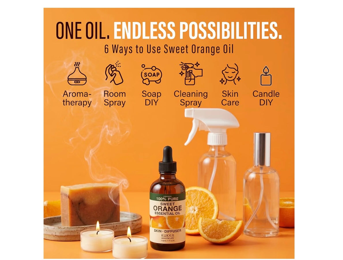 Kukka Sweet Orange Essential Oil for Diffuser - 100% Natural Sweet Orange Essential Oils for Skin Use - Sweet Orange Oil Essential Oil for Aromatherapy - Soap Making & DIY (4 Fl Oz)