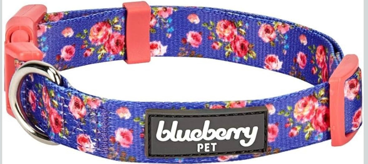 Blueberry Pet Spring Scent Rose Print Dog Collar, Large, Adjustable, Neck 18-26"