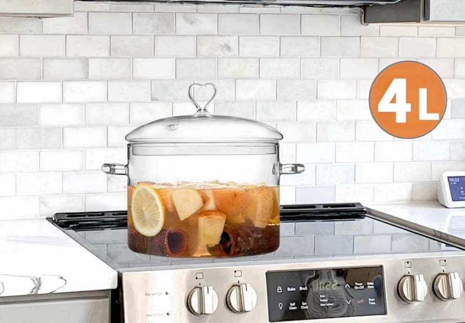 4L Glass Cooking Pot with Heart-shaped Lid, 4.2Qt/4000ml
Heat Resistant, Easy to Clean, High Thermal Conductivity, Dishwasher, Oven, Gas and Electric Stove Safe