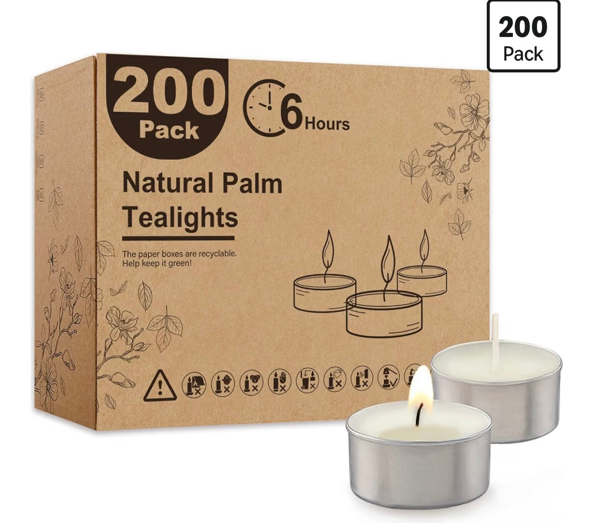 200-Pack Unscented Palm Wax Tea Lights Candles,6 Hours Burn