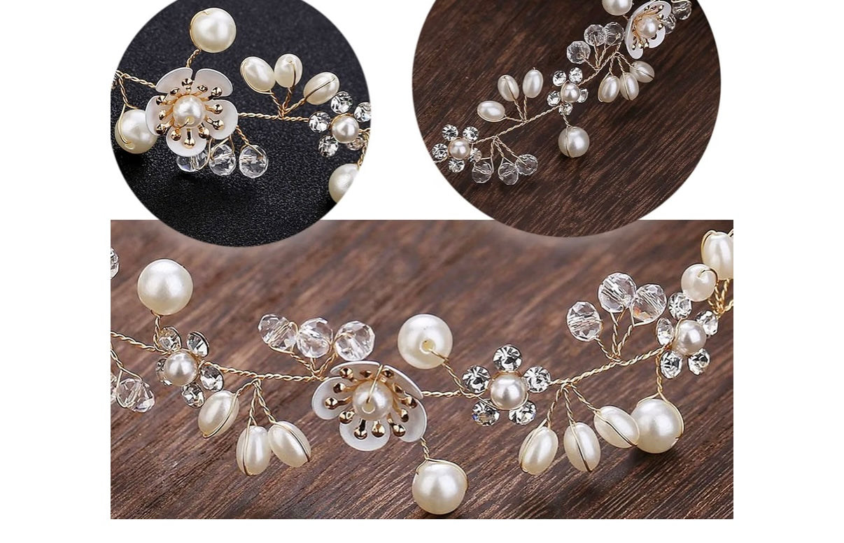 Hair Accessories: Bridal Pearl Flower Headpiece Headband for Girls, Flower Girls, and Women (Gold) Wedding Hairpiece