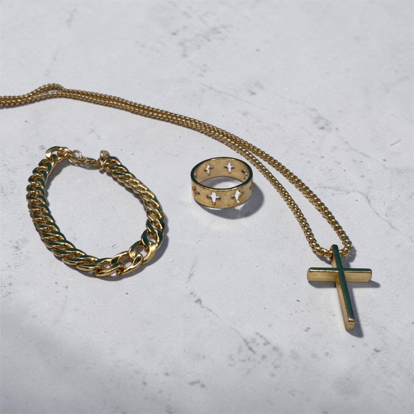 Unisex Punk Cross Necklace Bracelet Chain Ring Men's Set Stainless Steel