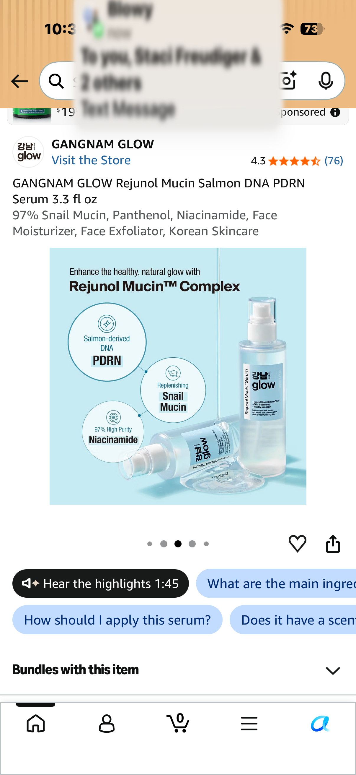 GLOW Rejunol Mucin Salmon DNA PDRN Serum 3.3 fl oz 97% Snail Mucin, Panthenol, Niacinamide, Face Moisturizer, Face Exfoliator, Korean Skincare