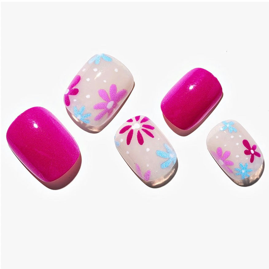 GLAMERMAID Press on Nails Extra Short, Spring Summer Hot Pink Flower Gel Glue on Nails, 24Pcs