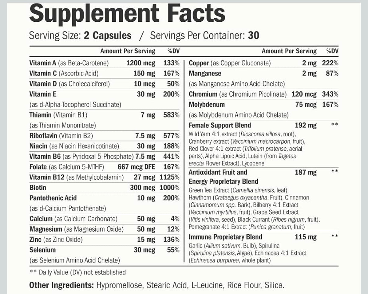 Vimerson Health Multivitamin for Women: Methylated B Vitamins, Chelated Minerals and Bioavailable D3 for Focus and Energy Support – Daily Womens Multivitamins and Multiminerals – 60 Capsules (Best Before 06/27)
