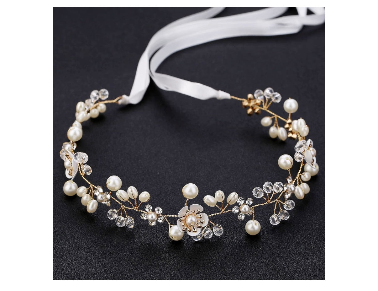 Hair Accessories: Bridal Pearl Flower Headpiece Headband for Girls, Flower Girls, and Women (Gold) Wedding Hairpiece