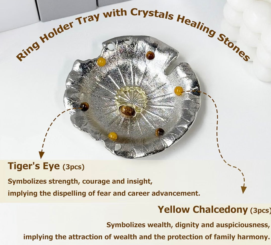 Yellow Chalcedony & Tiger’s Eye Jewelry Dish Tray Ring Holder Dish