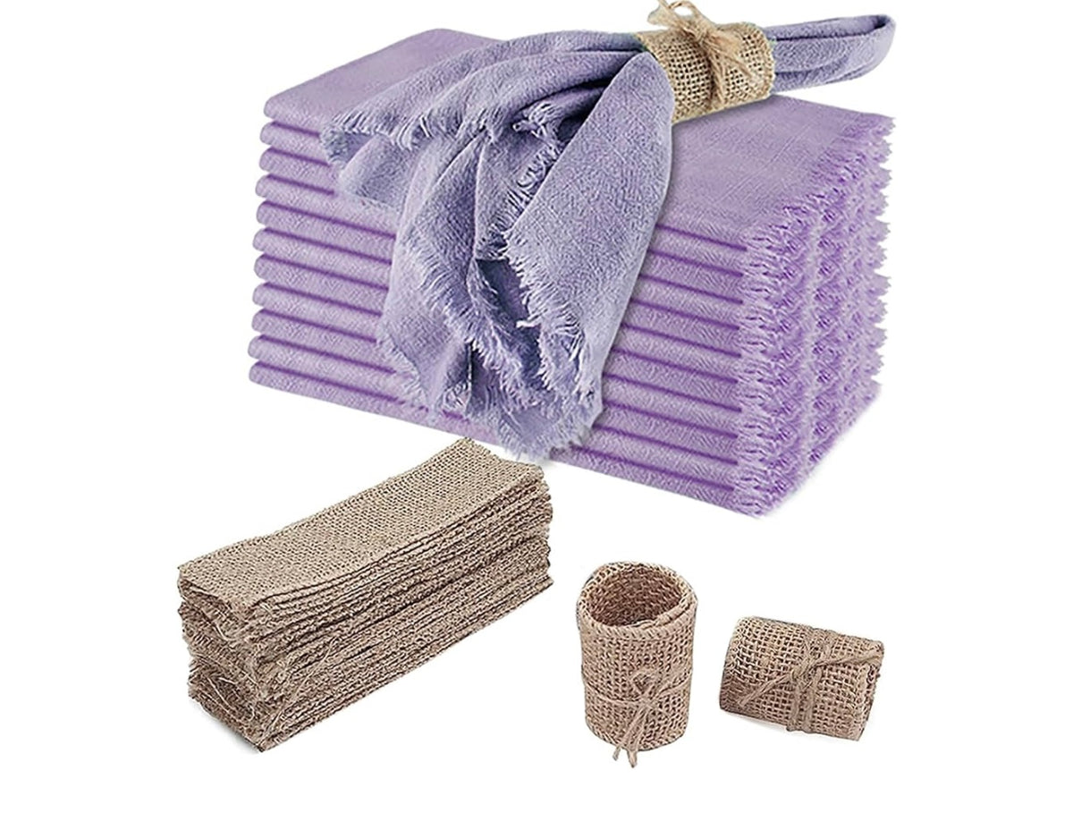 VIJIV 12 Pack Cheesecloth Dinner Napkins and Burlap Napkin Rings Set of 6 Natural, Cotton Linen Napkins Fringe, 18x18 Inches Decorative Boho Cheese Cloth Napkins for Wedding Western Party Decorations