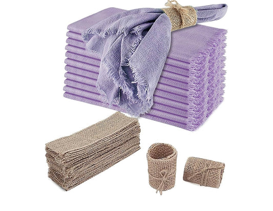 VIJIV 12 Pack Cheesecloth Dinner Napkins and Burlap Napkin Rings Set of 6 Natural, Cotton Linen Napkins Fringe, 18x18 Inches Decorative Boho Cheese Cloth Napkins for Wedding Western Party Decorations