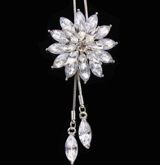 Cathercing Rhinestone Lotus Floral Pendant Long Necklace for Women Sweater Chain Statement Necklace Choker Adjustable