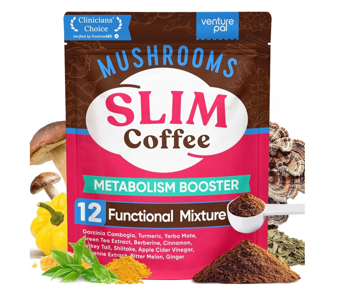 Venture Pal Slim Mushroom Coffee, Weight Management & Energy, 40 Servings 12 Functional with Berberine, Cinnamon, Yerba Mate, Turmeric, Garcinia Cambogia & Green Tea, Low Caffeine & Zero Calories (Best Before 06/27)