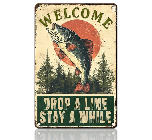 Welcome Drop A Line Classic Fishing Sign Vintage Metal Tin Sign Funny Wall Decor for Cafe Kitchen Home Bar Garden 12×16 Inch