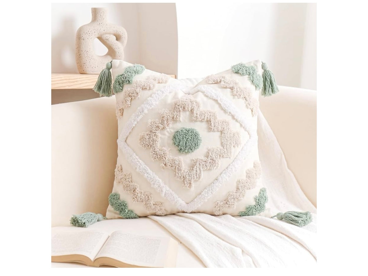 Decorative Farmhouse Throw Pillow Covers 20 x 20,Modern Neutral Couch Pillow Cover,Cotton Checked Pattern Boho Square Pillow Case Cover for Couch Bed Sofa Bedroom,Green&Beige&White