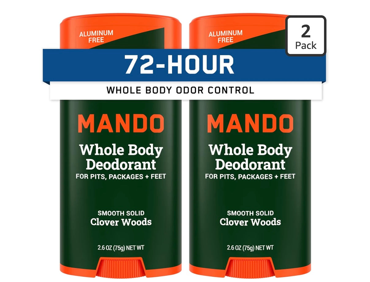 Mando Whole Body Deodorant For Men - Solid Stick - 2.6 oz, 2 pk - Woods 72 Hour Odor Control with Mandelic Acid. Use on underarms, chest, feet & below the best. Aluminum Free & Baking Soda Free