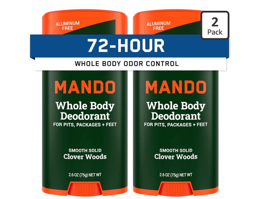 Mando Whole Body Deodorant For Men - Solid Stick - 2.6 oz, 2 pk - Woods 72 Hour Odor Control with Mandelic Acid. Use on underarms, chest, feet & below the best. Aluminum Free & Baking Soda Free