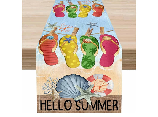 Ocean Theme Table Runner,Summer Seaside Beach Flip Flops Blue Starfish Seasonal Dining Table Decor for Summer Indoor Outdoor Home Kitchen Party Restaurant Supplies,13 x 90 Inches