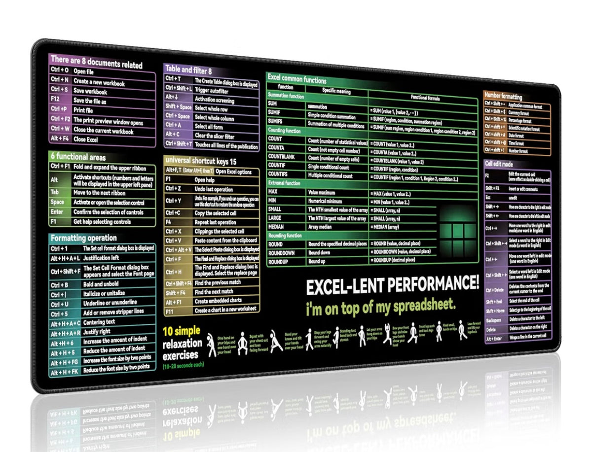Excel Cheat Sheet Desk pad|excel Mouse pad|Contains Excel Shortcut Keys,Lager Mouse pad for Desk| XL（31.5 * 11.8in） Size|Desk mat for Keyboard and Mouse|Mouse Pads|Waterproof、Anti-Slip、Smooth