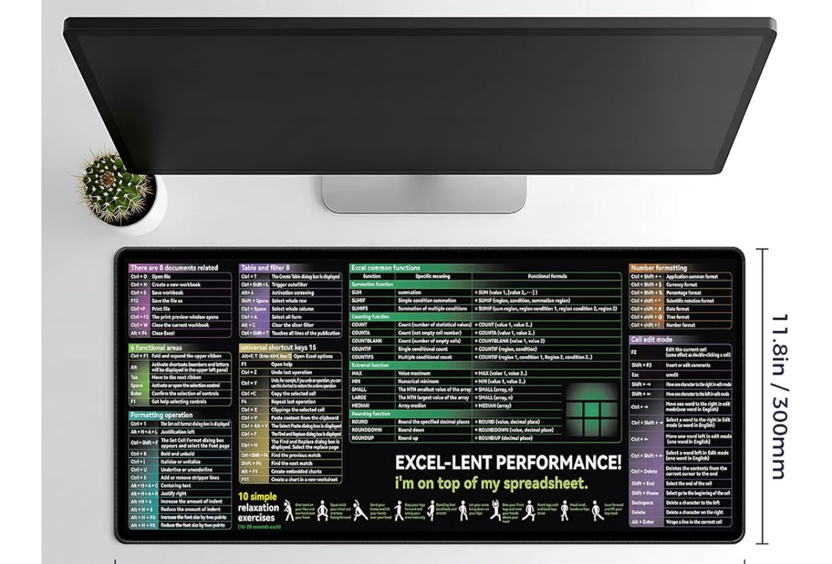 Excel Cheat Sheet Desk pad|excel Mouse pad|Contains Excel Shortcut Keys,Lager Mouse pad for Desk| XL（31.5 * 11.8in） Size|Desk mat for Keyboard and Mouse|Mouse Pads|Waterproof、Anti-Slip、Smooth