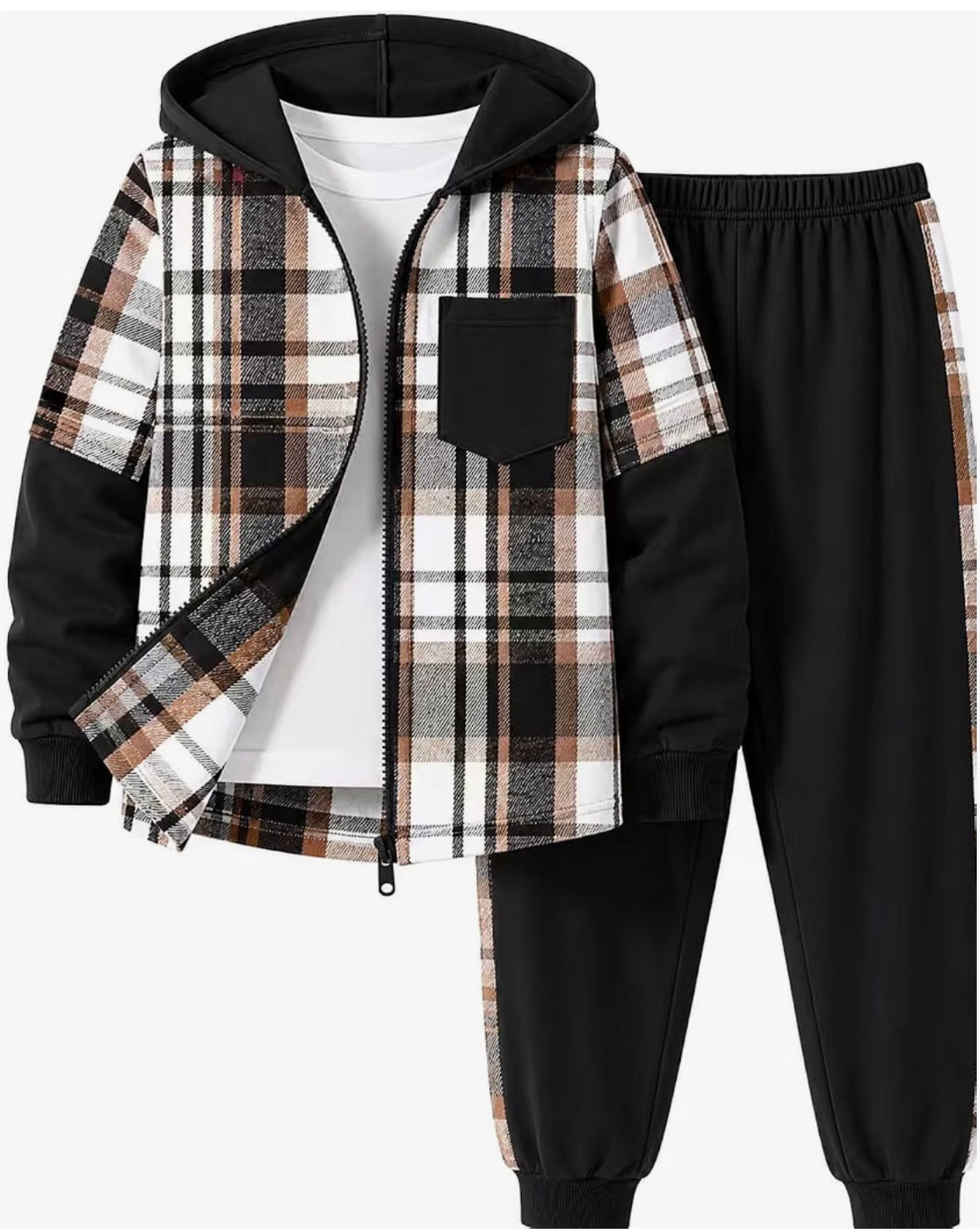 2‑Piece Sweatsuit Set, Zip‑Up Plaid Patchwork Hoodie Sweatshirt & Pants, Kids Fall Winter Outfits (Size 7-8)