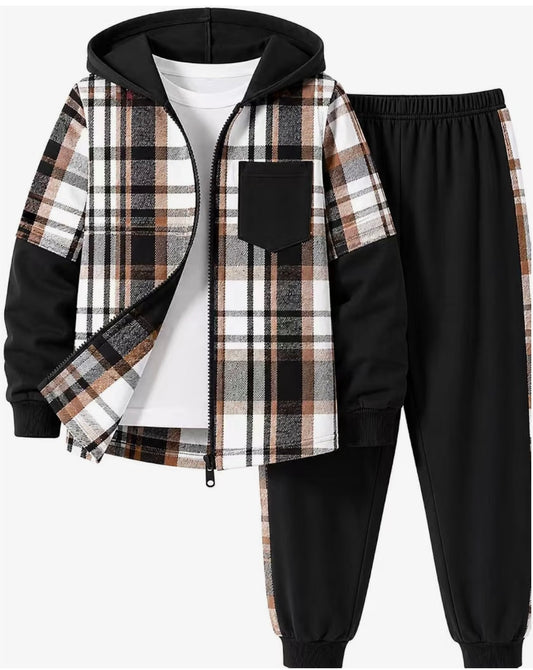 2‑Piece Sweatsuit Set, Zip‑Up Plaid Patchwork Hoodie Sweatshirt & Pants, Kids Fall Winter Outfits (Size 7-8)