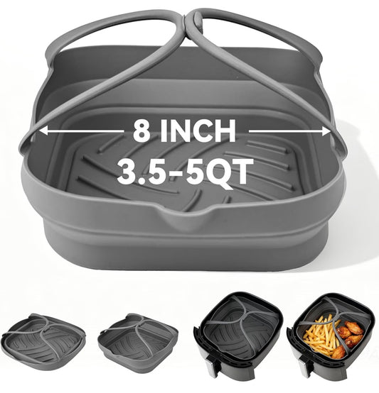 Silicone Air Fryer Liners with Handles: 8.3 Inch Square Reusable Airfryer Basket Liner for 3.5-5 Qt - Baking Tray Insert Cooking Air Fryer Accessories for Cosori Philips Ninja Instant Vortex And More