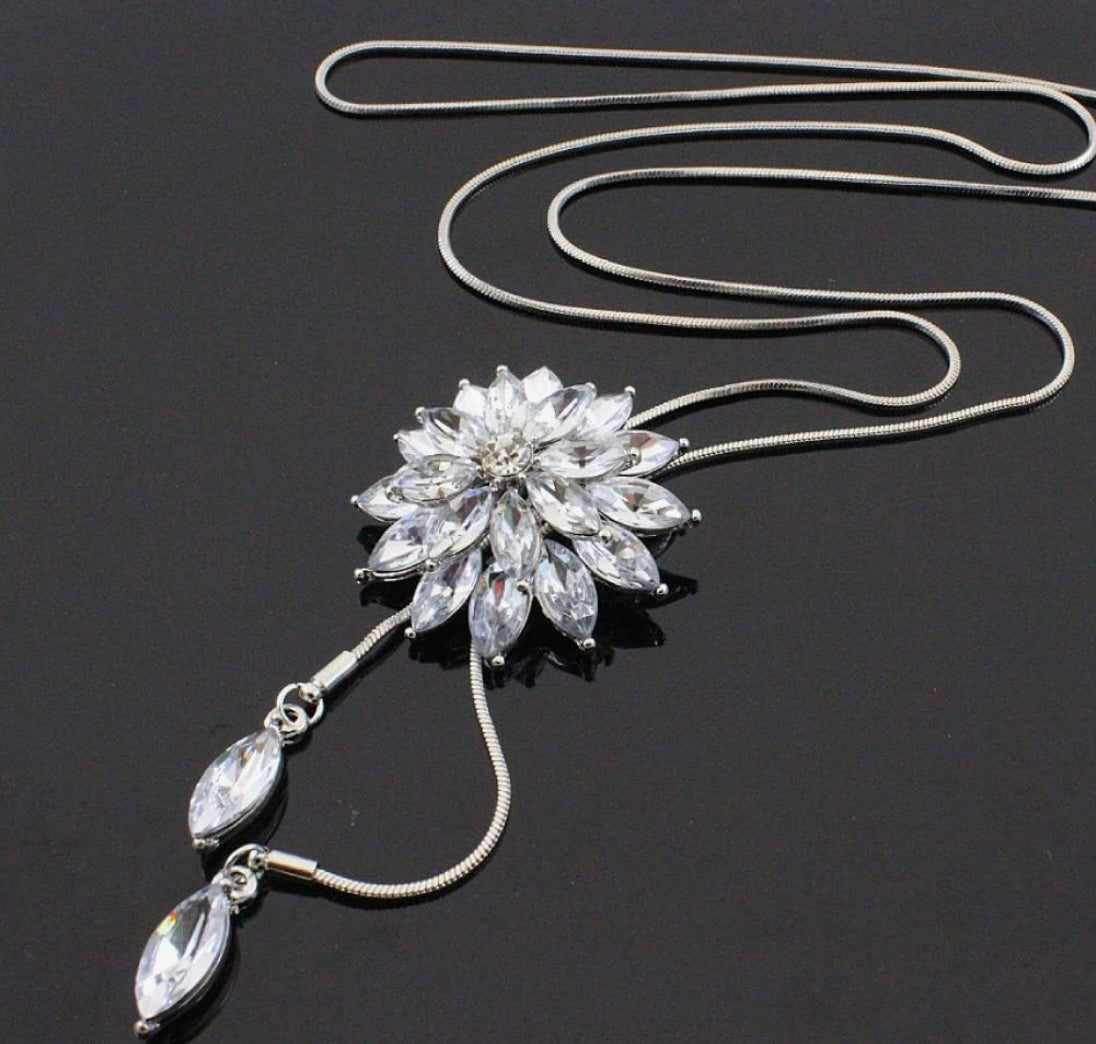 Cathercing Rhinestone Lotus Floral Pendant Long Necklace for Women Sweater Chain Statement Necklace Choker Adjustable