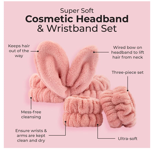 MCoBeauty Super Soft Cosmetic Skincare Headband & Wristband Set Skin Care Accessories for Makeup & Cleansing, Keeps Hair Secure & Arms Dry, Vegan & Cruelty Free