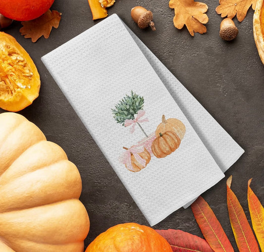 Pink Bow Pumpkin Plant Kitchen Towels, Coquette Fall Autumn Decorative Hand Towels for Bathroom, Dish Towels, Pumpkin Kitchen Bathroom Decor, 16x24 Inch