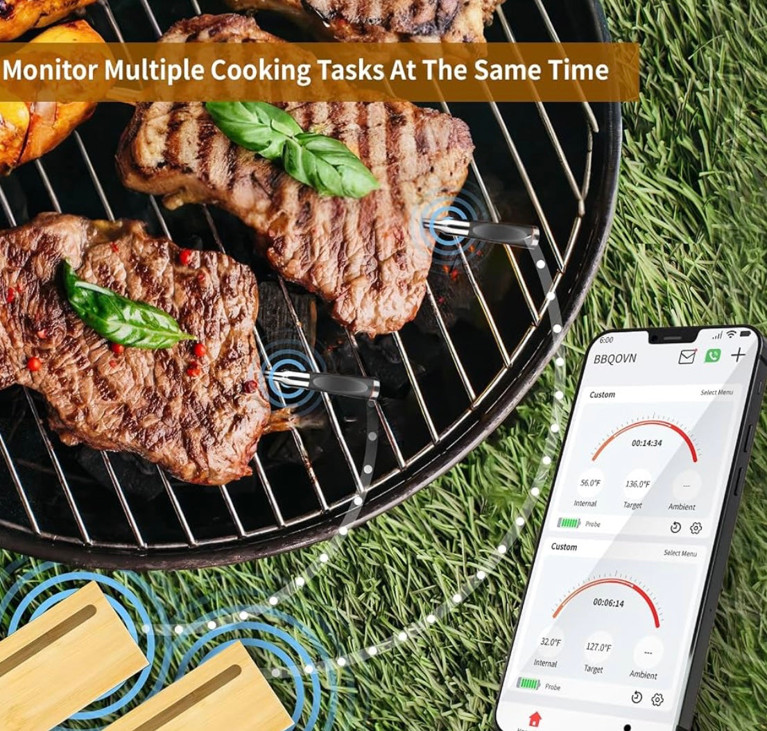 BBQOVN Smart Wireless Meat Thermometer Zero Wire with APP Remote Bluetooth Meat Thermometer, Food Thermometer for Remote Monitoring of BBQ Grill, Oven,Smoker
