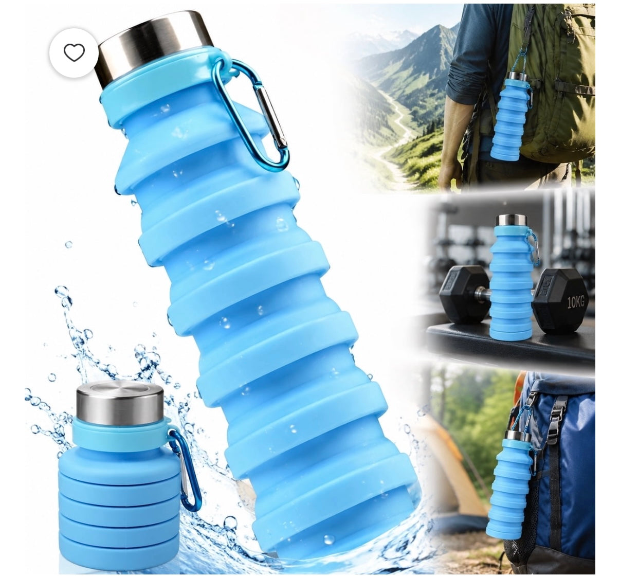 Foldable sports water bottle Reusable silicone portable expandable travel sports gym camping hiking hydration bpa free leak proof 17 oz (Blue)