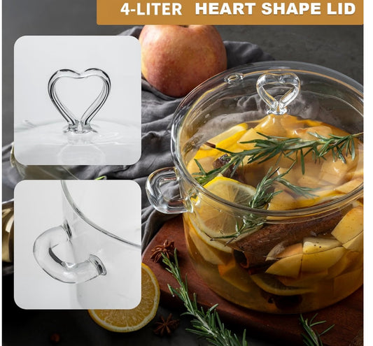 4L Glass Cooking Pot with Heart-shaped Lid, 4.2Qt/4000ml
Heat Resistant, Easy to Clean, High Thermal Conductivity, Dishwasher, Oven, Gas and Electric Stove Safe