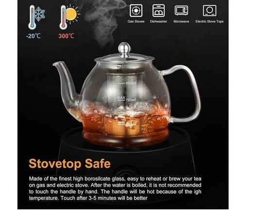 Glass Teapot, 33oz / 1000ml Teapot with Removable Infuser
Clear Tea Pot for Loose Leaf Tea and Blooming Tea, Stovetop Safe Glass Tea Kettle with Scale Line and Tea Brewer Guide