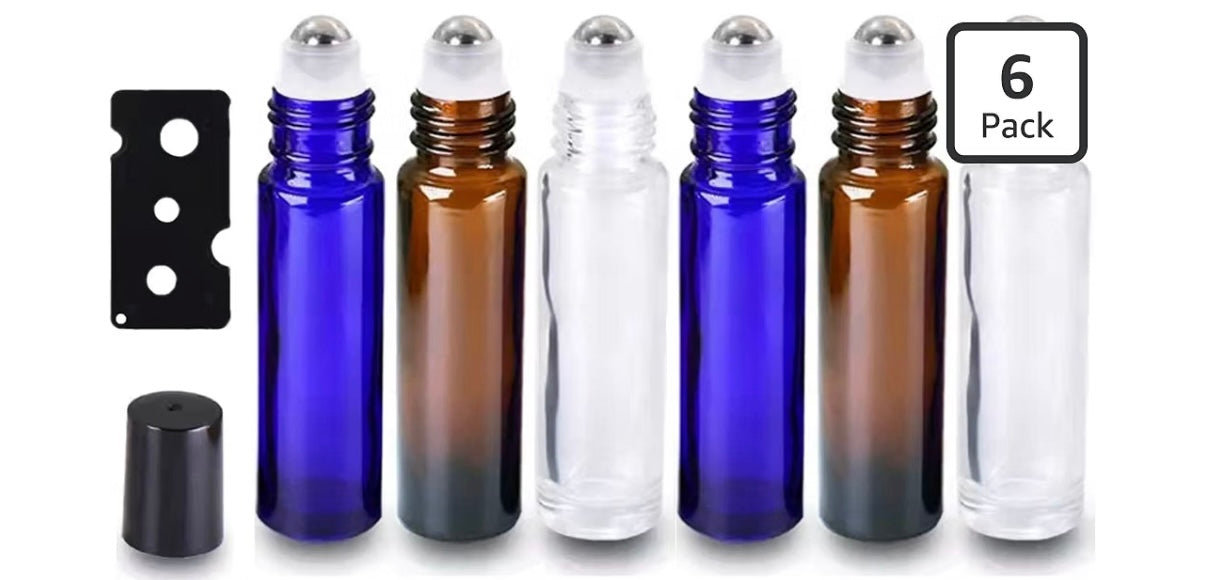 Essential Oil Roller Bottles, Empty Refillable Roll on Glass Bottles, Leak proof Glass Bottle, Stainless Steel Balls for Essential Oil (Amber, Blue, Black)
