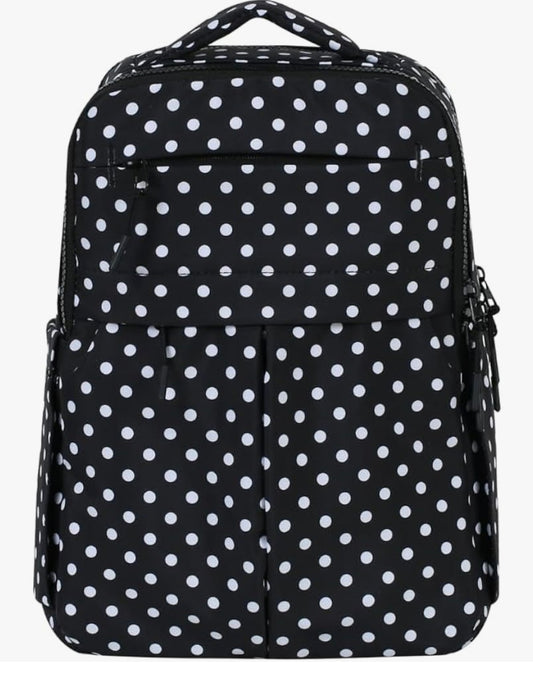 Minimax Polka Dot Mini Backpack for Women, Roomy Small Backpack with 11 Pockets, Lightweight Hands-Free Water-Resistant Travel Work & Commuter Daypack (Black Polka Dot)
