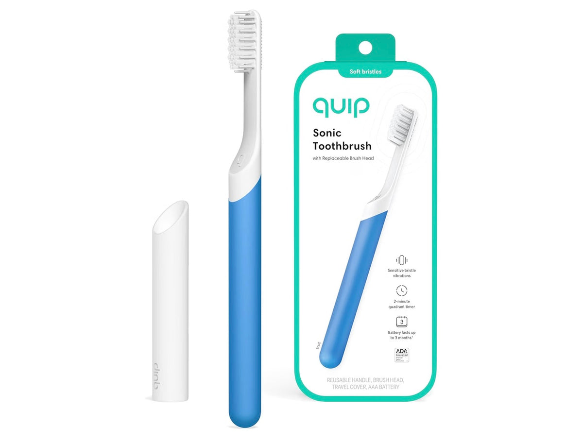 Quip Sonic Toothbrush for Adults - Timed Electric Toothbrush with Cover - Replaceable Brush Head, Soft Bristles, Plastic Handle, 3 Month Battery Life