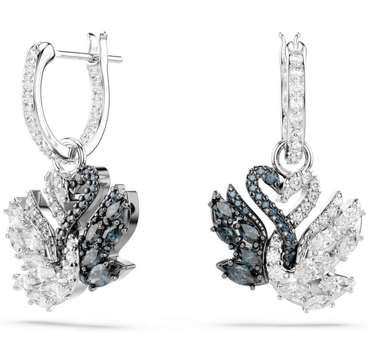 Swarovski Swan drop earrings, Swan, Black, Rhodium finish