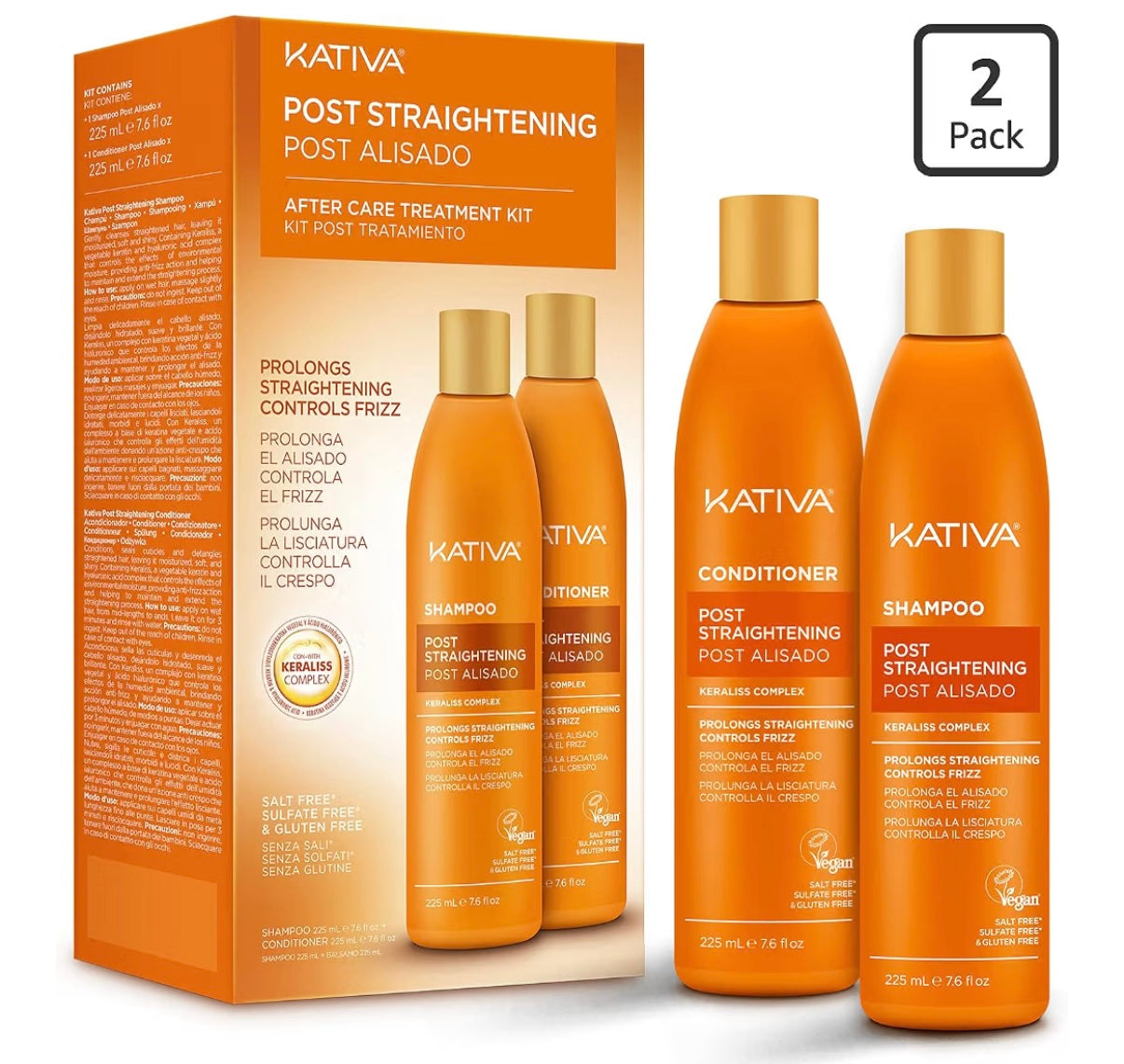 Kativa Post-Straightening Hair Care Kit – Salt-Free Shampoo & Conditioner with Vegetal Keratin & Hyaluronic Acid – Helps Prolong Straightening up to 18 Weeks* - 7.6 Fl Oz Each