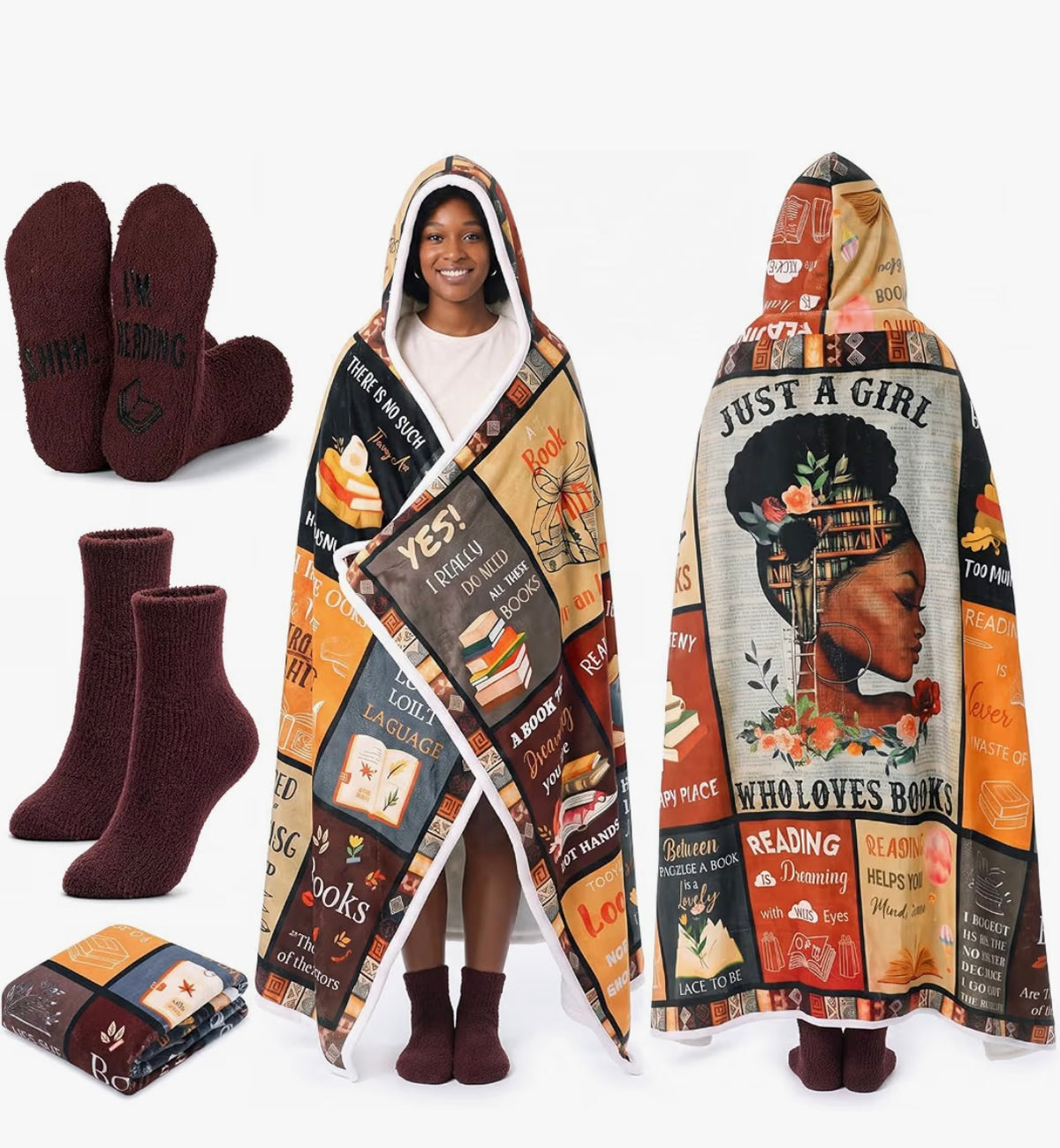 2 Pcs Book Lovers Gifts for Women Wearable Blanket Hoodie 47" x 71'' Oversized Reading Blanket Reading Book Socks