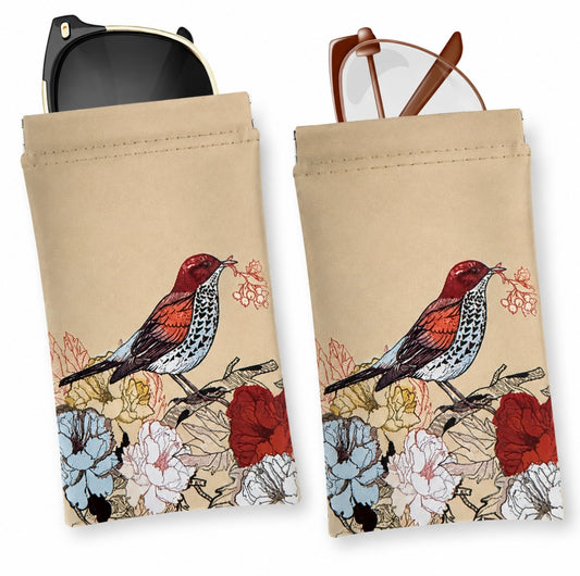 NUGGHU Sunglass Eyeglass Glasses Case Leather With Rose-Gold D Ring, Portable Cute Travel Squeeze Top Leather Soft Glasses Case, Anti-Scratch Sunglasses Bag Cute Red Bird