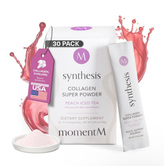 momentM Synthesis Plant Based Collagen for Women & Men - Peptides Powder for Hair, Skin, Nails and Joints - Vegan Hydrolyzed Collagen Peptides Powder with VEGCOL® - Peach Iced Tea (30 Stick Packs)