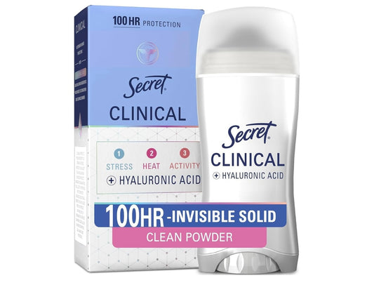 Secret Clinical Strength 100HR Sweat & Odor, Invisible Solid Antiperspirant Deodorant for Women, 3X Stress Protection with Hyaluronic Acid, PH Balanced, Powder Protection Scent, 2.6 oz