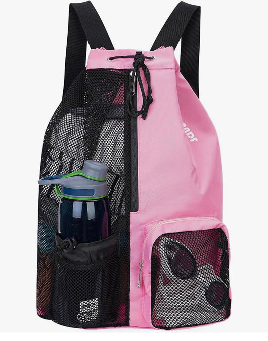 Mesh Swim Bag, Drawstring Beach Backpack Wet Pocket, Front pockets, Adjustable Straps