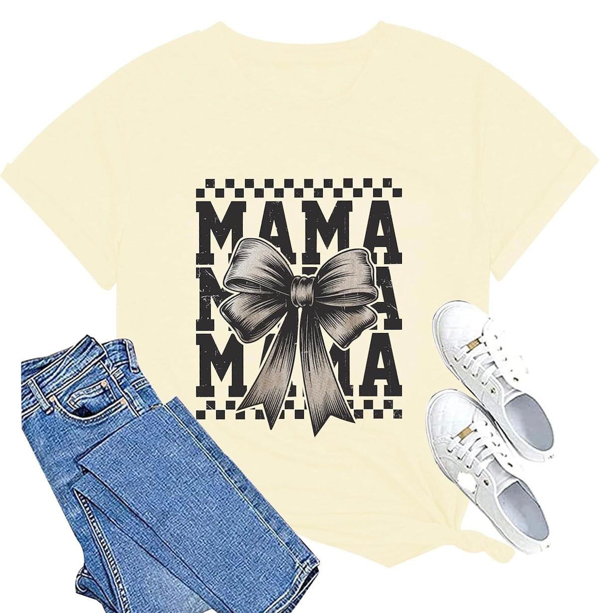 Mama Shirts for Women Pink Bow Graphic Mom Tshirt Loose Short Sleeve Mother Life Tops Tee (Size Medium) low