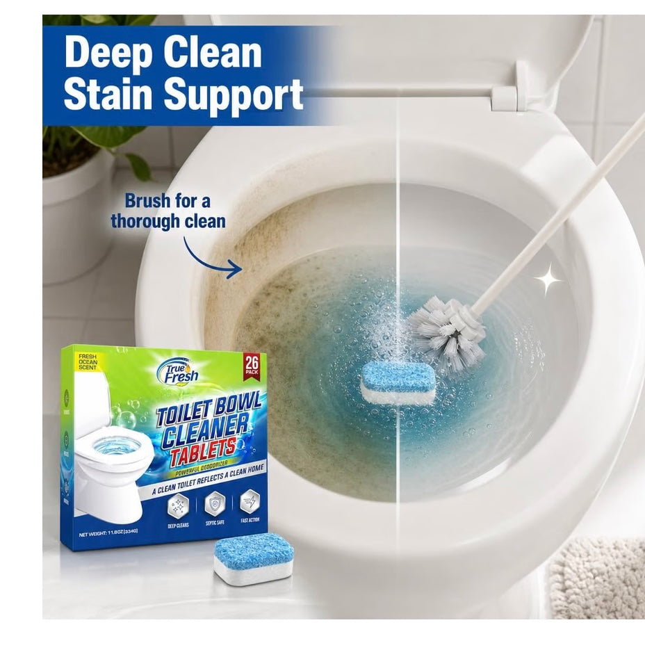 True Fresh Toilet Bowl Cleaner Tablets, 26 Pack, Septic Safe, Ocean Scent Bleach-Free Deodorizer & Stain Remover Toilet Cleaning Tablets - Drop-In Toilet Bowl Tabs for Fresh, Clean Results