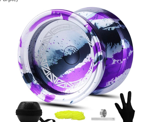 YOYOSTUDIO D24 Professional Metal Trick Yoyo for Adults & Kids Responsive/Unresponsive Yoyo for Finger Spin, Pro Yo Yo Kit with Bearing Kit, 10 Strings, Case & Glove (Silver Black Purple)